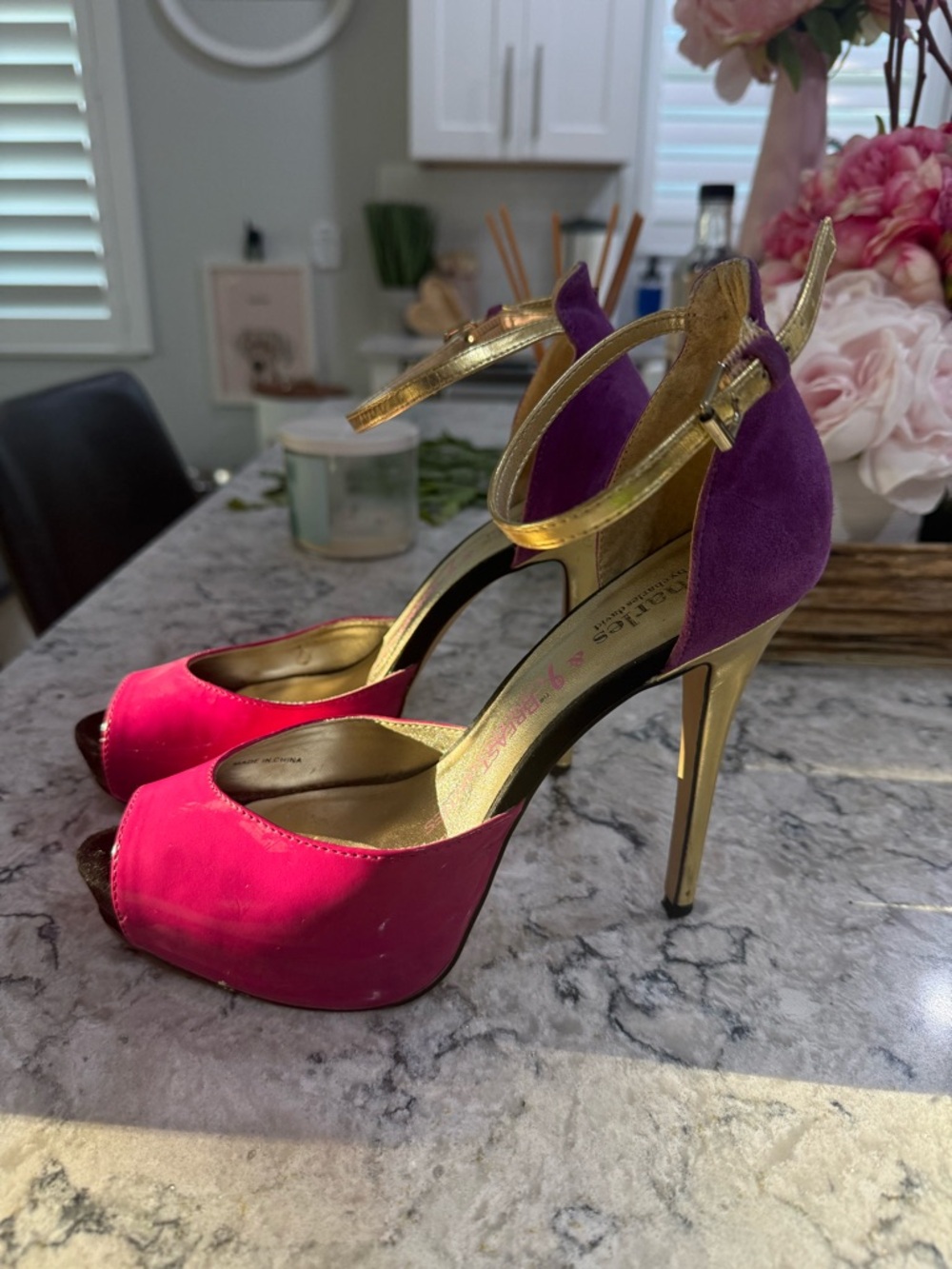 Charles By Charles David Pink and Purple Gold-Strap Open-Toe Heels